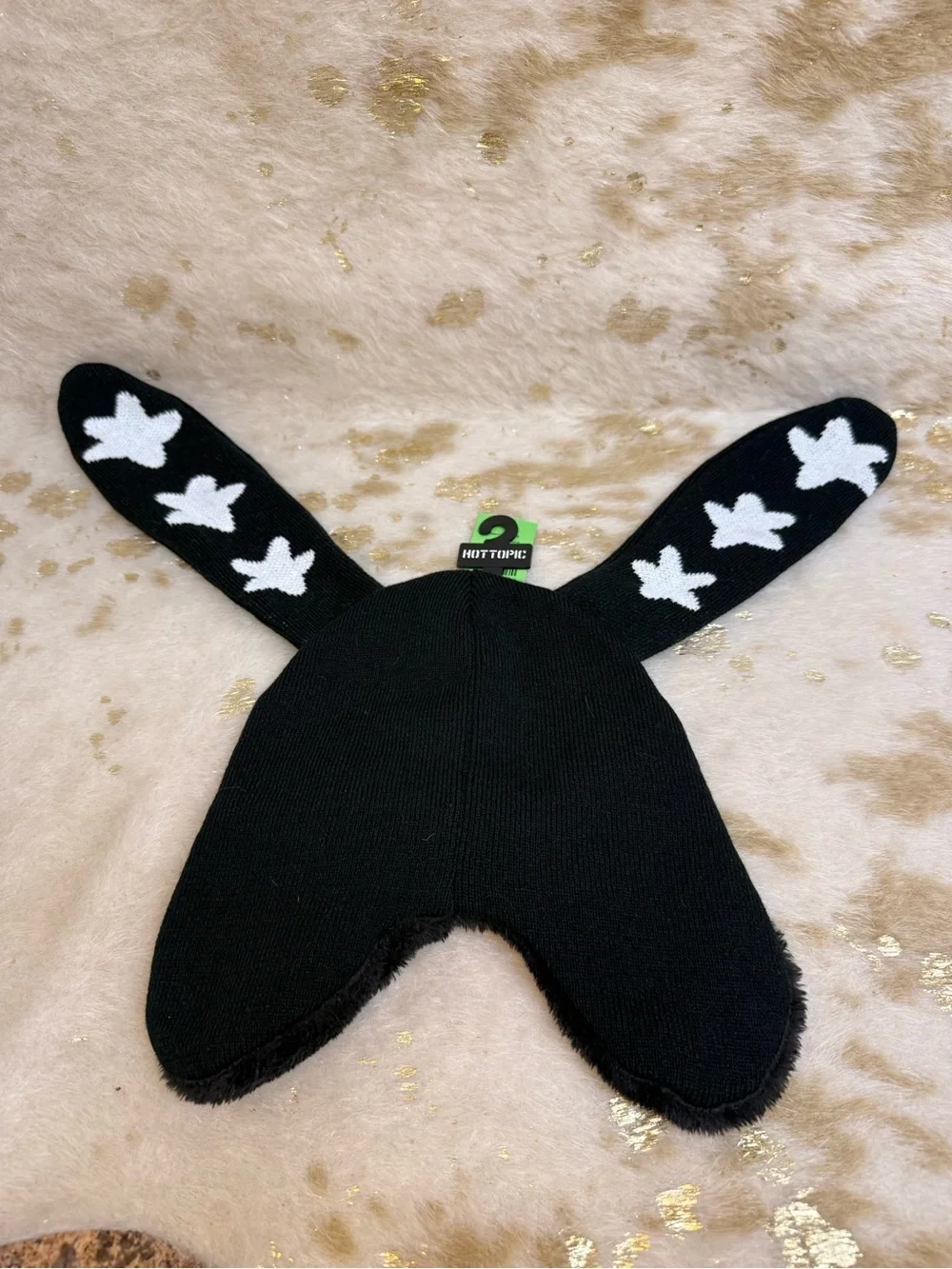 Hot Topic Bunny Star Ears Trapper Hat Black White Faux Fur NWT